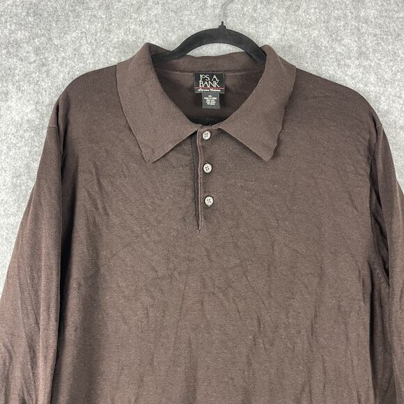 Jos A Bank 100% Silk Polo Sweater Mens XL Brown Long Sleeve Signature Grandpa - Picture 2 of 11